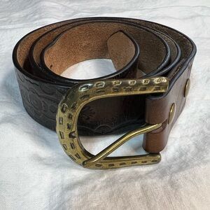 Vintage Tooled Leather Belt w/ Hammered Brass Horseshoe Buckle | Western Boho